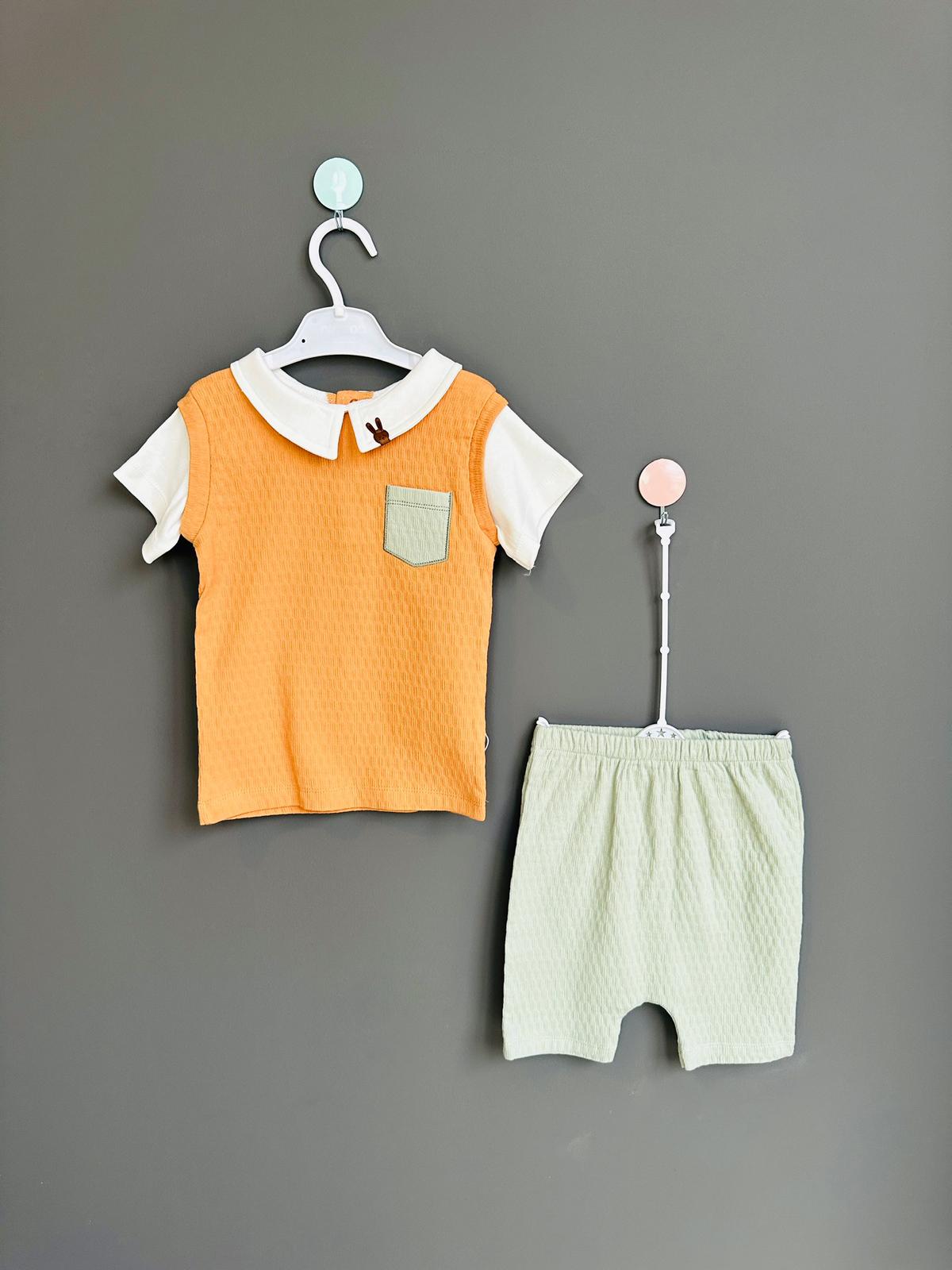 6-9-12-18-24 Aylık Yakalı Cepli Şortlu Unisex Bebek Takımı