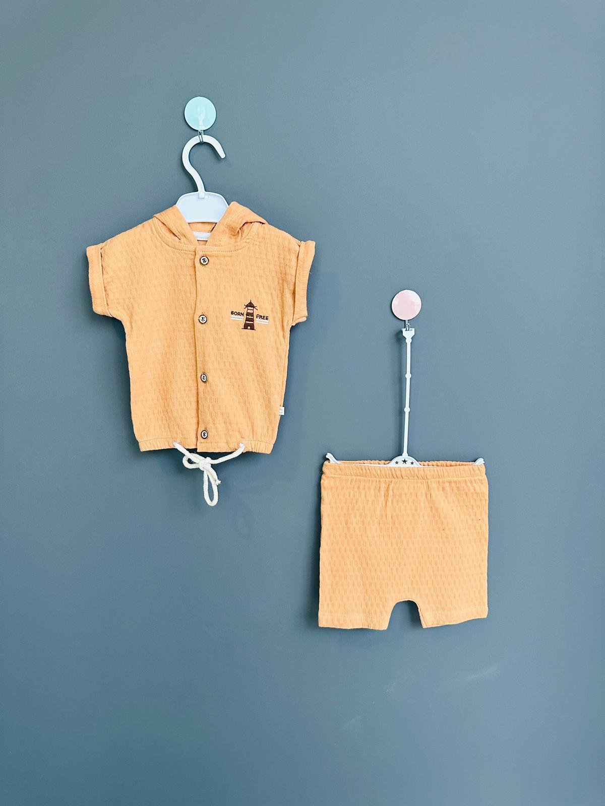 6-9-12-18-24 Aylık Kapüşonlu Nakışlı Şortlu Unisex Bebek Takımı